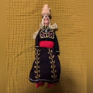 Vintage Palestinian 1940’s Doll with Embroidered Dress Pot on Head 9.5”